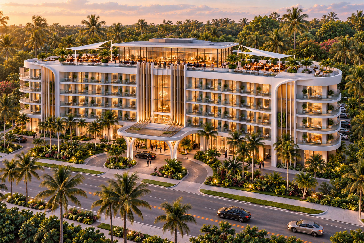 3D-designed hospitality building with sweeping structural forms and rooftop amenities
