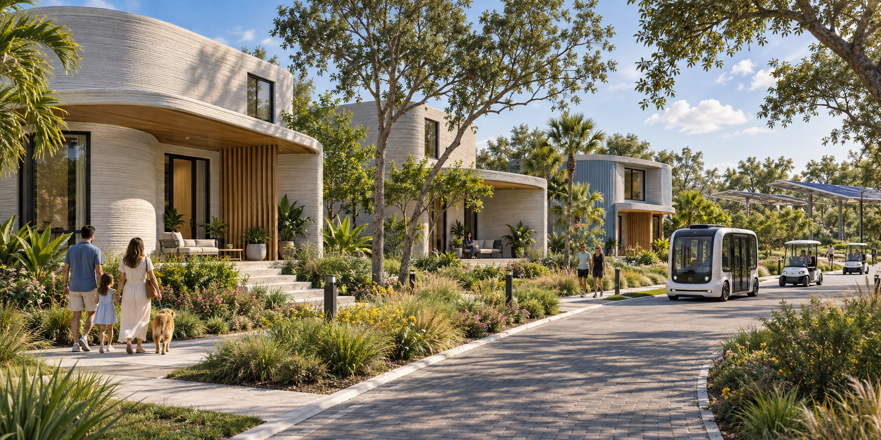 Conceptual neighborhood of 3D-printed homes served by a driverless electric trolley and electric carts
