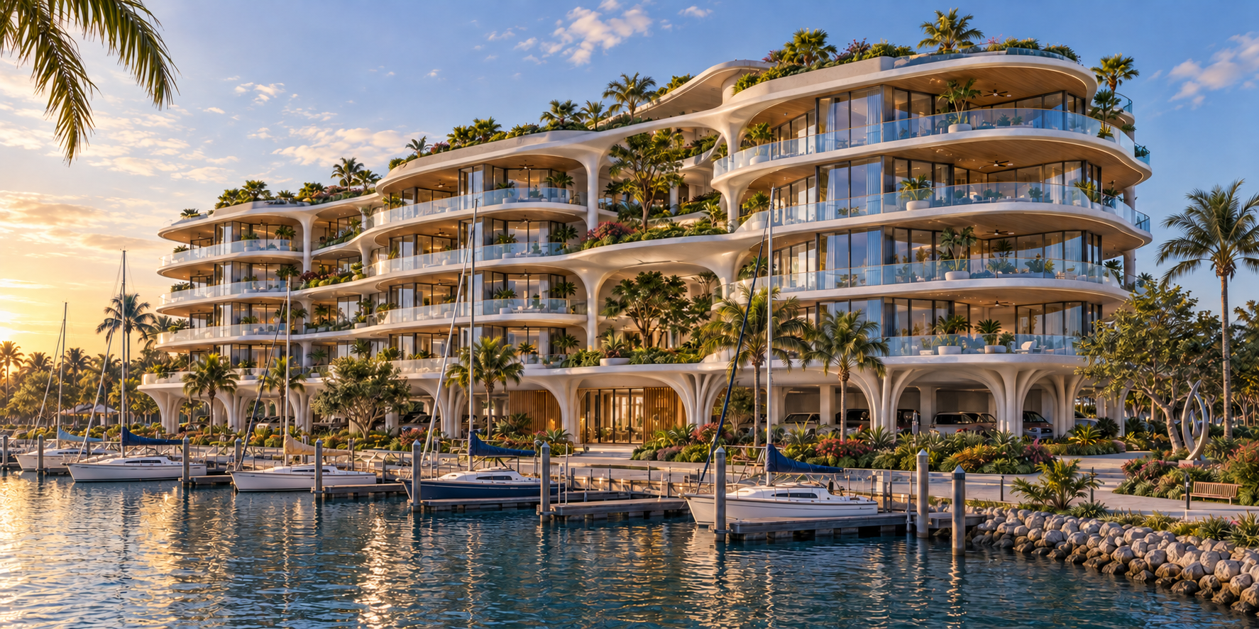 Lakeside perspective of a 3D-designed contemporary multifamily residence with small sailboats